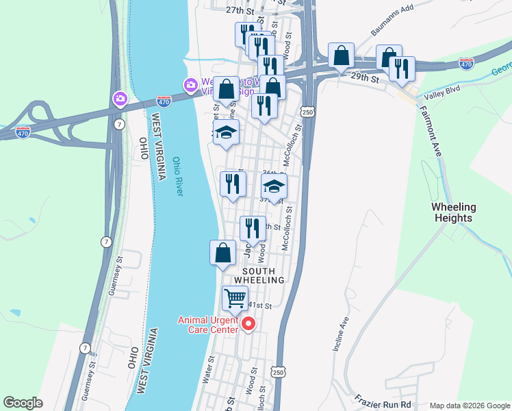 map of restaurants, bars, coffee shops, grocery stores, and more near 30 37th Street in Wheeling