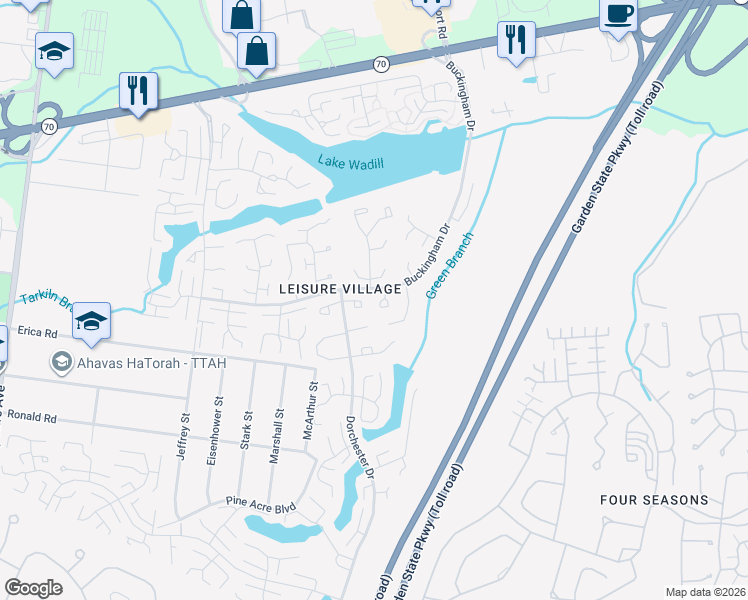 map of restaurants, bars, coffee shops, grocery stores, and more near 50F Cambridge Court in Lakewood