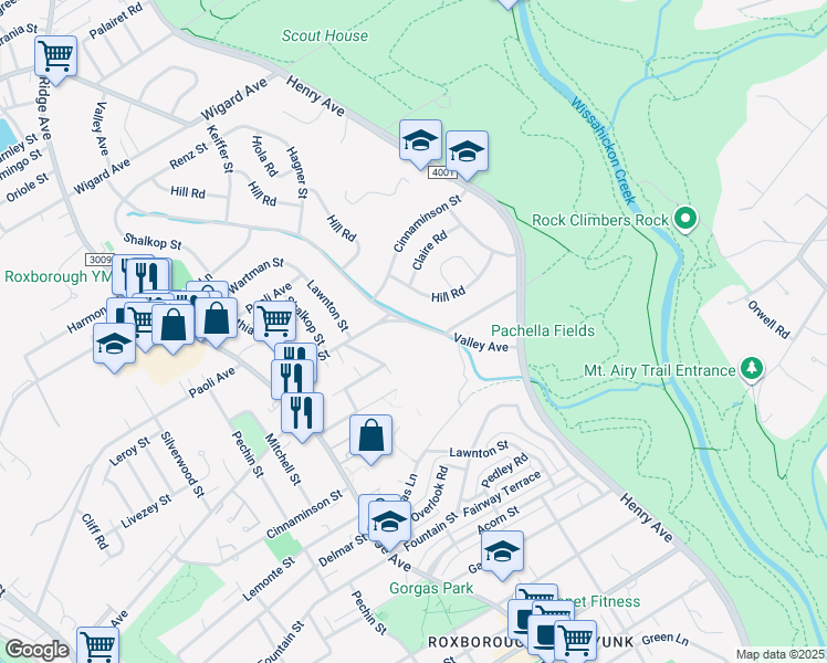 map of restaurants, bars, coffee shops, grocery stores, and more near 7028 Valley Avenue in Philadelphia