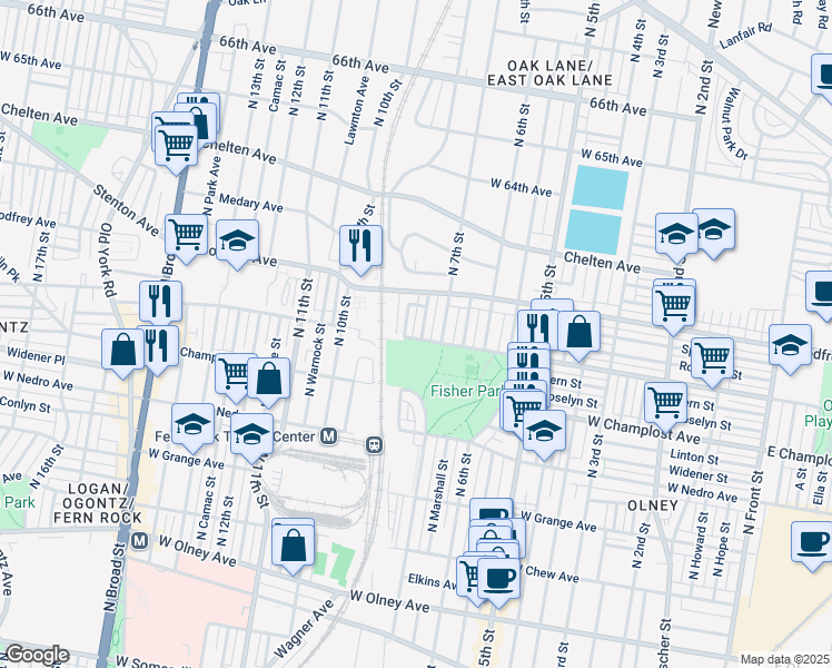 map of restaurants, bars, coffee shops, grocery stores, and more near 6102 North Franklin Street in Philadelphia