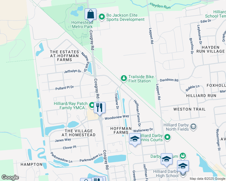 map of restaurants, bars, coffee shops, grocery stores, and more near 4653 Hoffman Farms Drive in Hilliard
