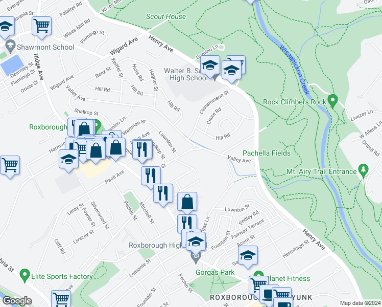 map of restaurants, bars, coffee shops, grocery stores, and more near 7100 Valley Avenue in Philadelphia