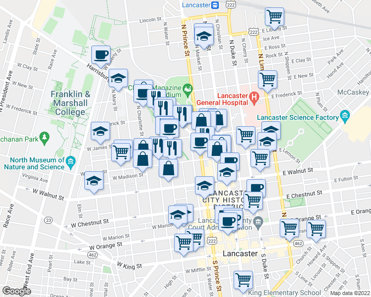 map of restaurants, bars, coffee shops, grocery stores, and more near 422 North Water Street in Lancaster