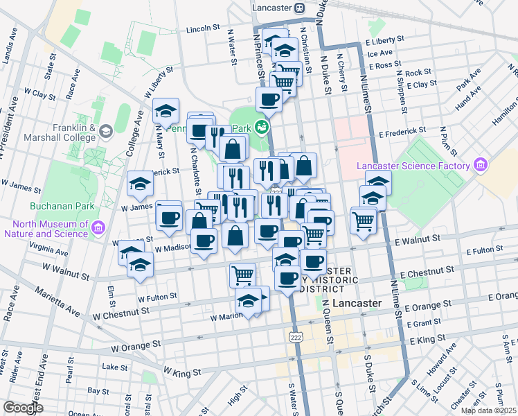 map of restaurants, bars, coffee shops, grocery stores, and more near 422 North Water Street in Lancaster