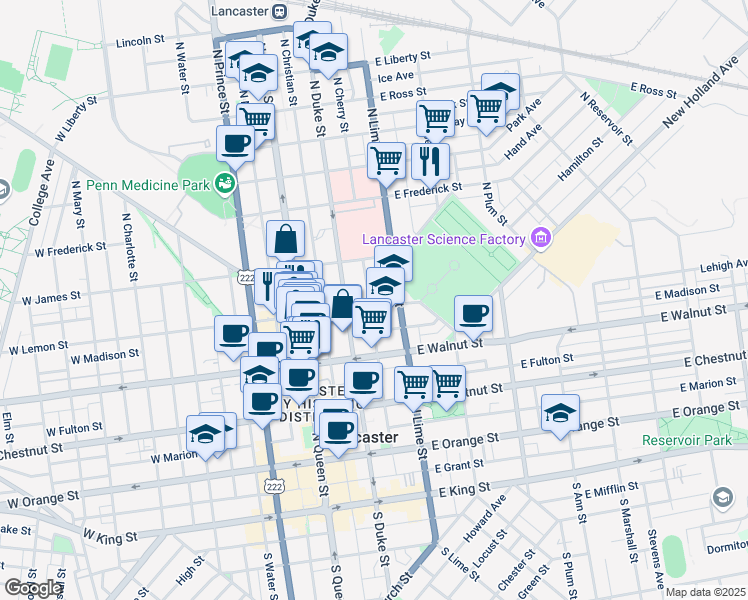 map of restaurants, bars, coffee shops, grocery stores, and more near 129 East Lemon Street in Lancaster