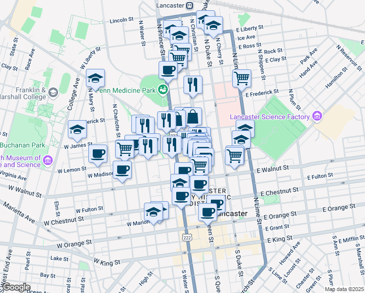 map of restaurants, bars, coffee shops, grocery stores, and more near 447 North Market Street in Lancaster