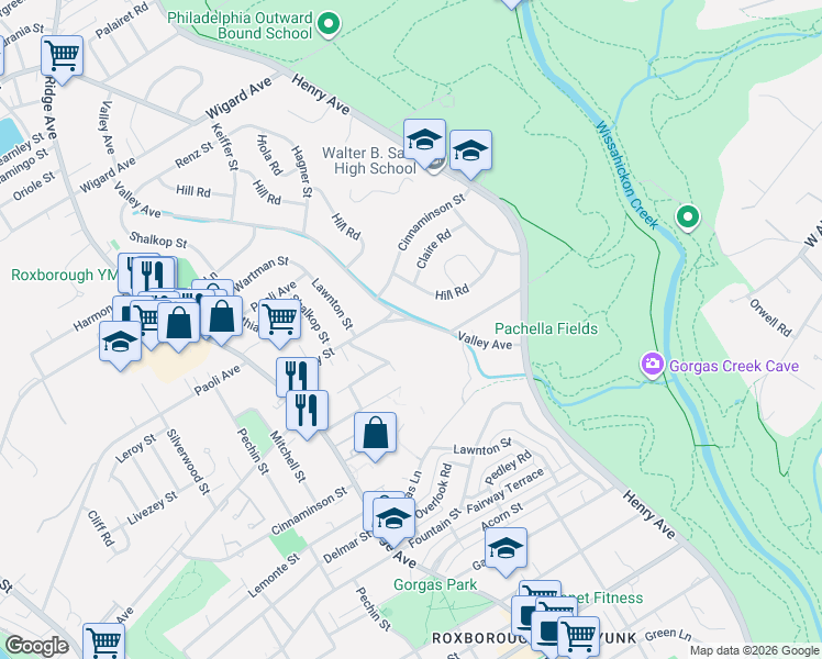 map of restaurants, bars, coffee shops, grocery stores, and more near 7025 Valley Avenue in Philadelphia