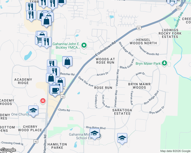map of restaurants, bars, coffee shops, grocery stores, and more near 1024 Arcaro Drive in Columbus