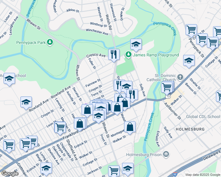 map of restaurants, bars, coffee shops, grocery stores, and more near 8145 Terry Street in Philadelphia