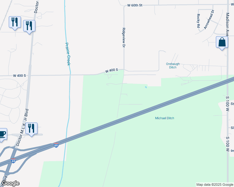 map of restaurants, bars, coffee shops, grocery stores, and more near 4122 South Ridgeview Road in Anderson