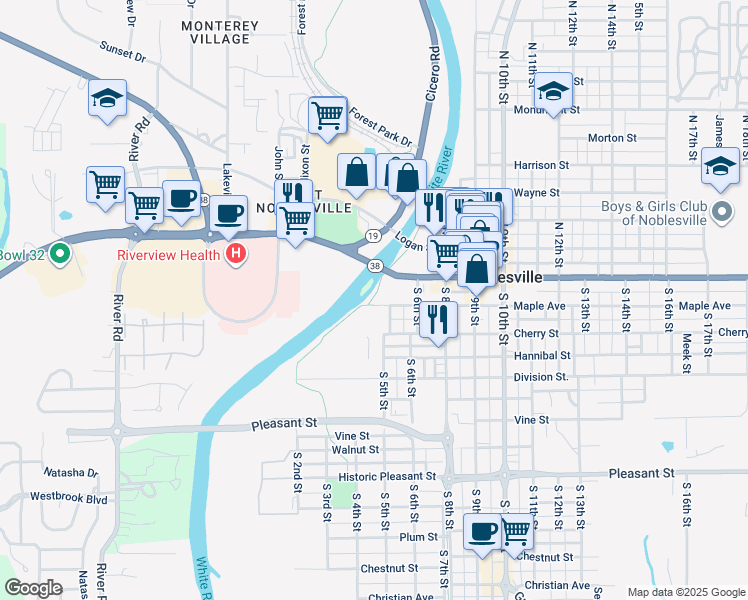 map of restaurants, bars, coffee shops, grocery stores, and more near 432 Maple Avenue in Noblesville