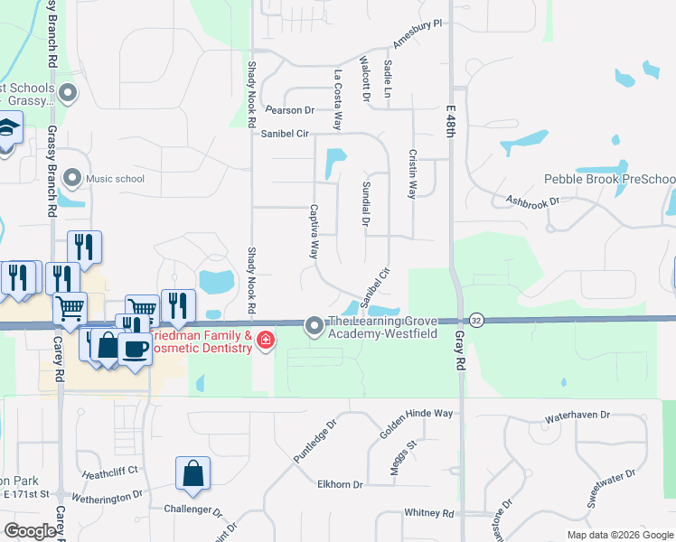 map of restaurants, bars, coffee shops, grocery stores, and more near 17729 Gasparilla Court in Noblesville