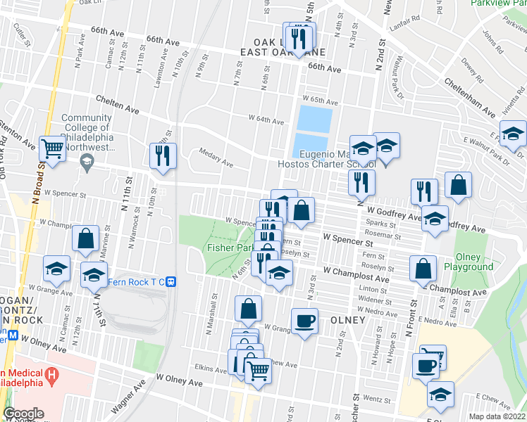 map of restaurants, bars, coffee shops, grocery stores, and more near 6127 North Fairhill Street in Philadelphia