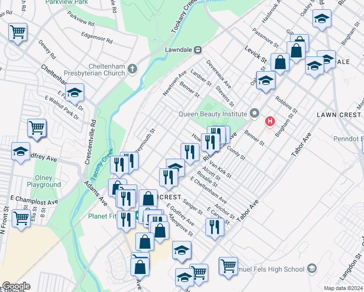 map of restaurants, bars, coffee shops, grocery stores, and more near 420 Van Kirk Street in Philadelphia
