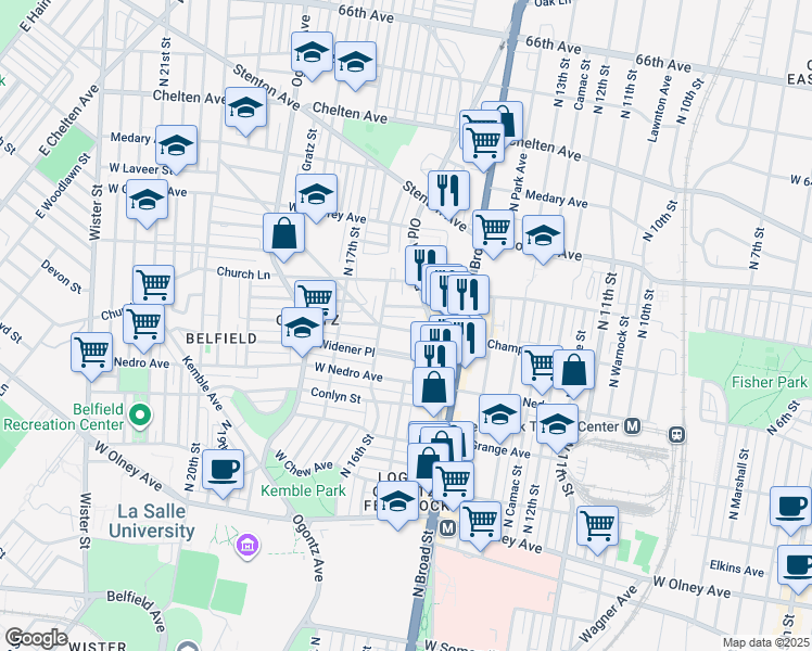 map of restaurants, bars, coffee shops, grocery stores, and more near 1523 West Champlost Avenue in Philadelphia