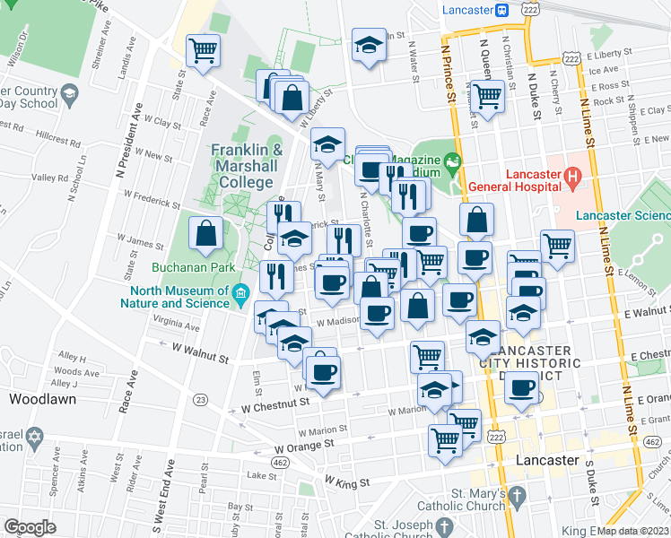 map of restaurants, bars, coffee shops, grocery stores, and more near 446 West James Street in Lancaster