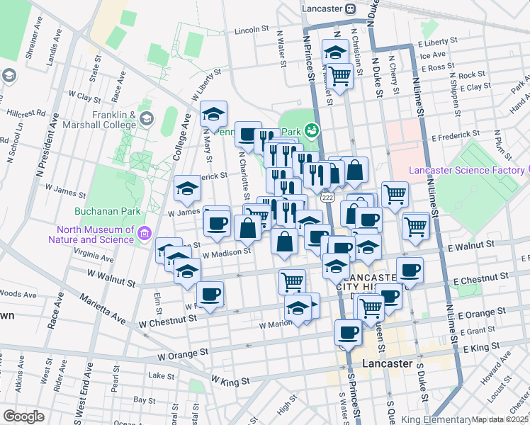 map of restaurants, bars, coffee shops, grocery stores, and more near 440 North Concord Street in Lancaster