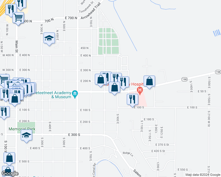 map of restaurants, bars, coffee shops, grocery stores, and more near 865 East 100 North in Payson