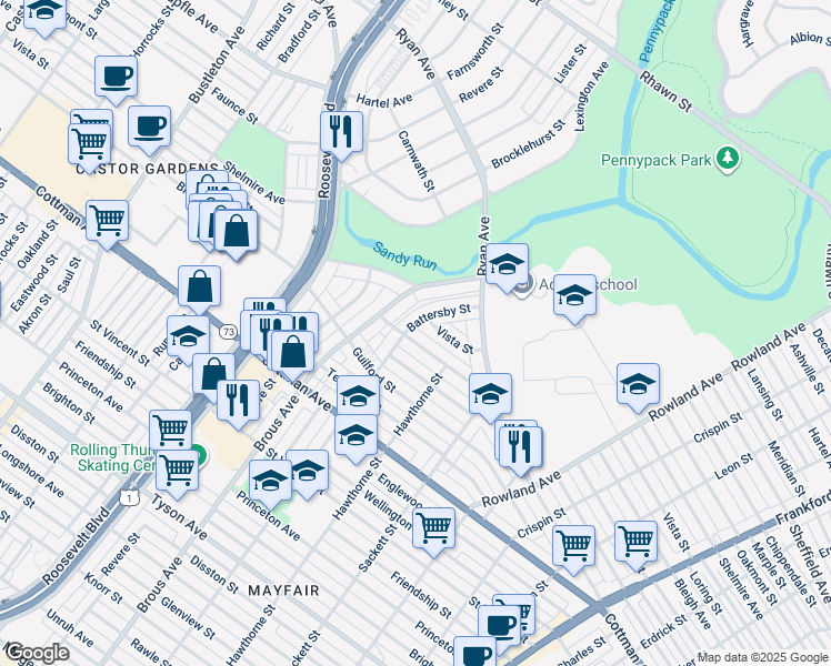 map of restaurants, bars, coffee shops, grocery stores, and more near 3003 Nesper St in Philadelphia