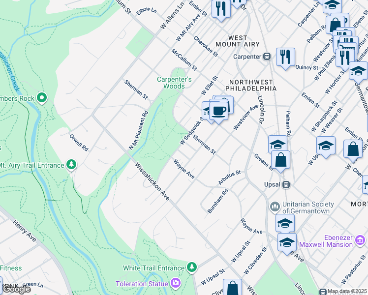 map of restaurants, bars, coffee shops, grocery stores, and more near 724 West Sedgwick Street in Philadelphia