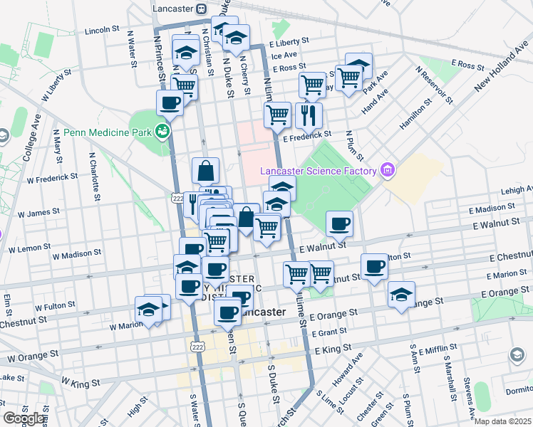 map of restaurants, bars, coffee shops, grocery stores, and more near 125 East Lemon Street in Lancaster