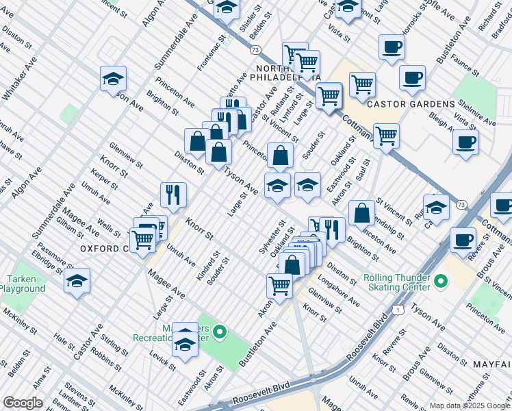 map of restaurants, bars, coffee shops, grocery stores, and more near 6937 Kindred Street in Philadelphia