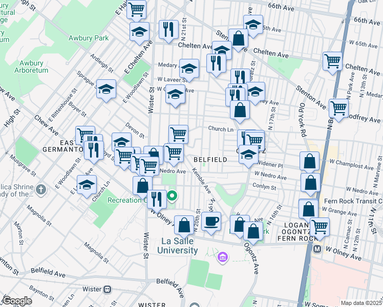 map of restaurants, bars, coffee shops, grocery stores, and more near 5962 West Champlost Avenue in Philadelphia