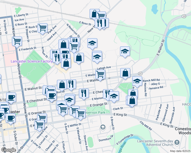 map of restaurants, bars, coffee shops, grocery stores, and more near 315 North Reservoir Street in Lancaster