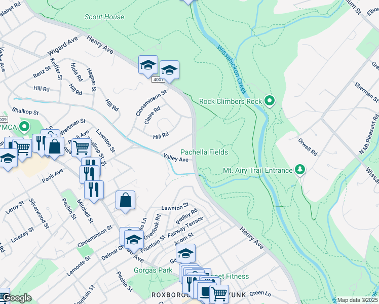 map of restaurants, bars, coffee shops, grocery stores, and more near 6810 Henry Avenue in Philadelphia