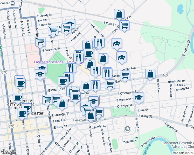 map of restaurants, bars, coffee shops, grocery stores, and more near 611 East Madison Street in Lancaster