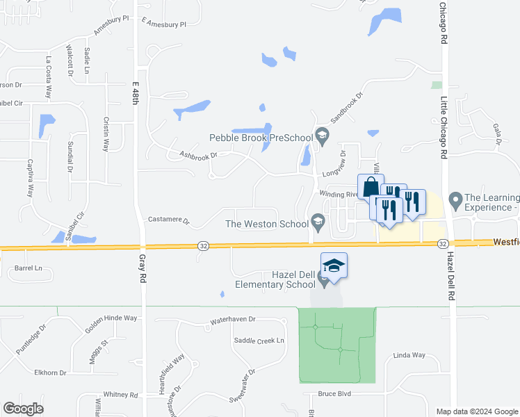 map of restaurants, bars, coffee shops, grocery stores, and more near 5250 Castamere Drive in Noblesville