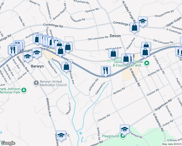 map of restaurants, bars, coffee shops, grocery stores, and more near 415 West Lancaster Avenue in Devon