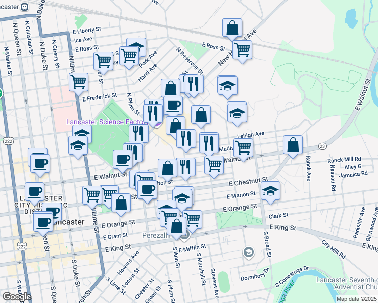 map of restaurants, bars, coffee shops, grocery stores, and more near 611 East Madison Street in Lancaster