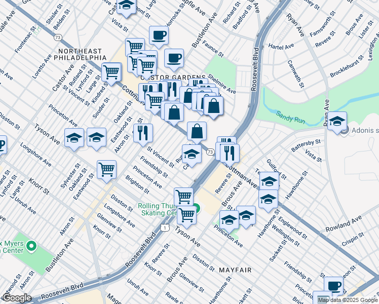 map of restaurants, bars, coffee shops, grocery stores, and more near 7266 Rupert Street in Philadelphia