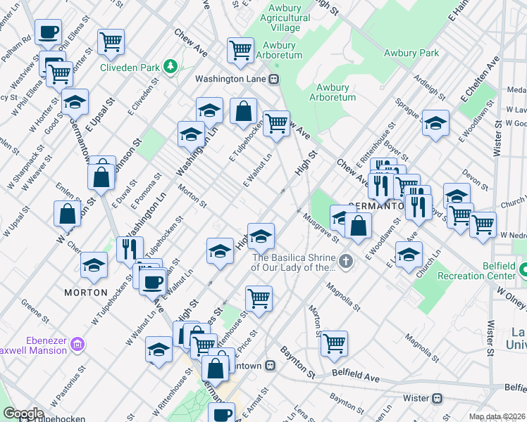 map of restaurants, bars, coffee shops, grocery stores, and more near 6029 Magnolia Street in Philadelphia
