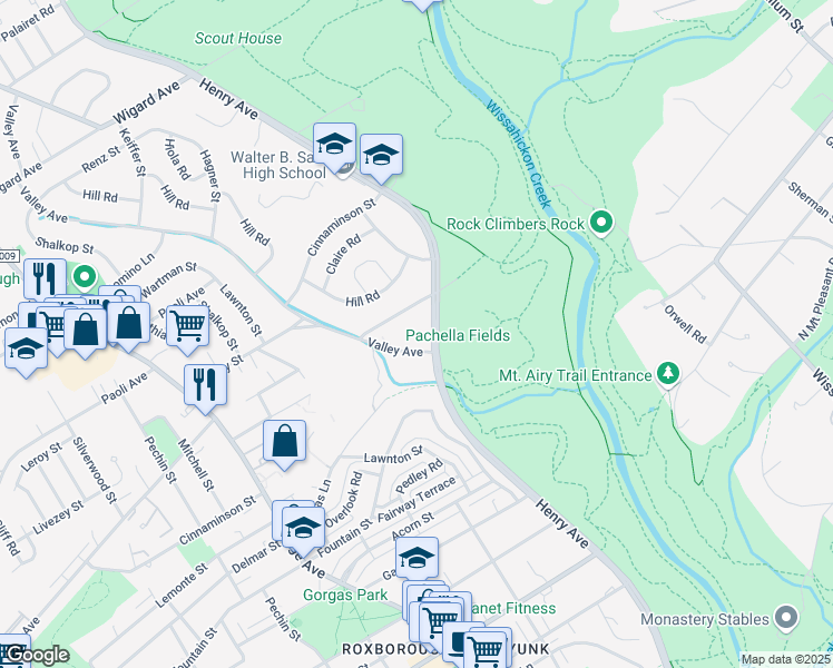 map of restaurants, bars, coffee shops, grocery stores, and more near 6901 Valley Avenue in Philadelphia