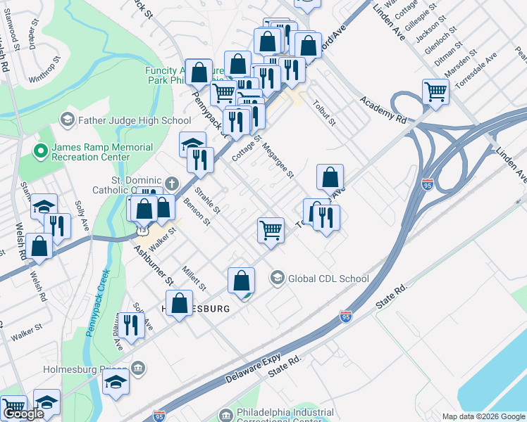 map of restaurants, bars, coffee shops, grocery stores, and more near 4514 Pennypack Street in Philadelphia