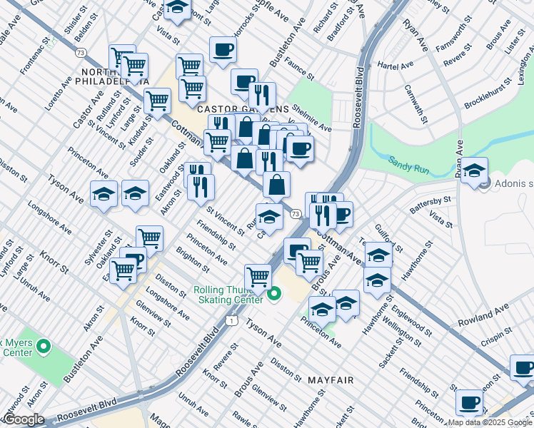 map of restaurants, bars, coffee shops, grocery stores, and more near 7266 Rupert Street in Philadelphia