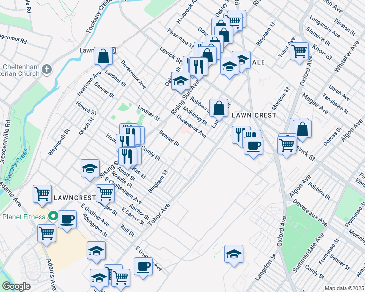 map of restaurants, bars, coffee shops, grocery stores, and more near 6119 Palmetto Street in Philadelphia