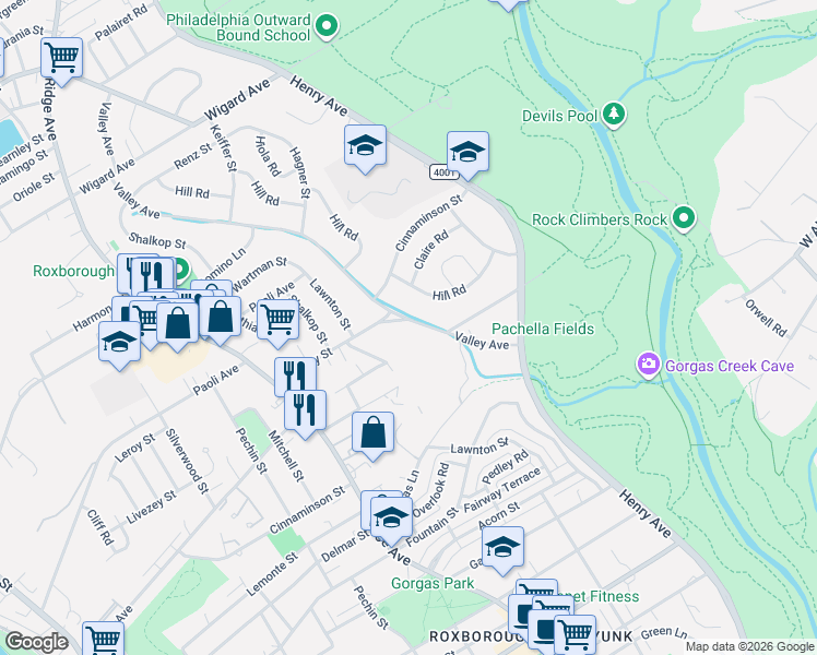 map of restaurants, bars, coffee shops, grocery stores, and more near 7025 Valley Avenue in Philadelphia