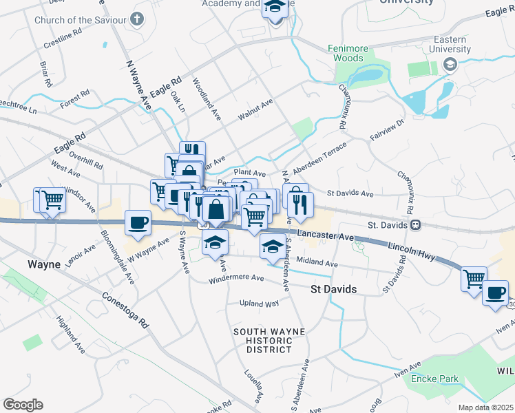 map of restaurants, bars, coffee shops, grocery stores, and more near 200 Pennsylvania Avenue in Wayne