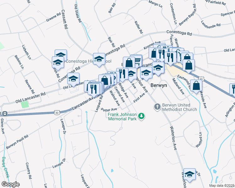 map of restaurants, bars, coffee shops, grocery stores, and more near 802 Lancaster Avenue in Berwyn