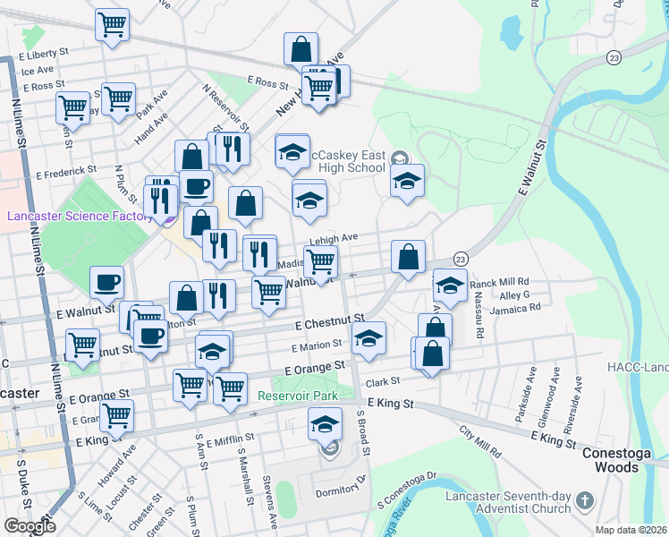 map of restaurants, bars, coffee shops, grocery stores, and more near 859 East Madison Street in Lancaster
