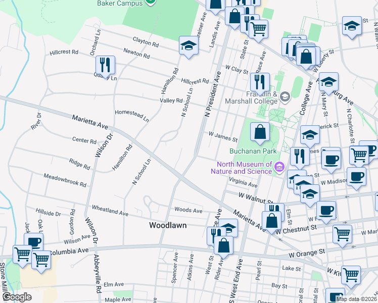 map of restaurants, bars, coffee shops, grocery stores, and more near 430 North President Avenue in Lancaster