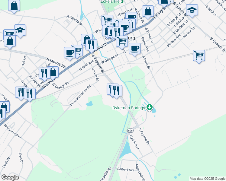 map of restaurants, bars, coffee shops, grocery stores, and more near 218 South Fayette Street in Shippensburg
