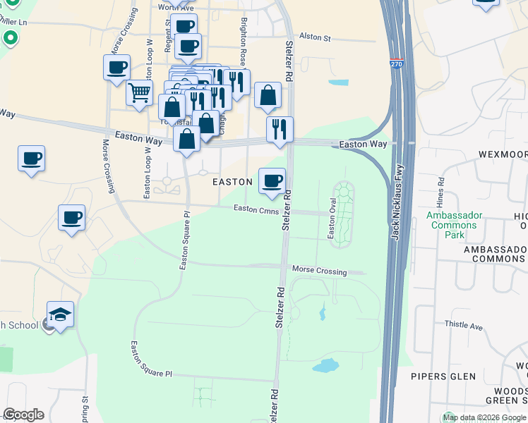 map of restaurants, bars, coffee shops, grocery stores, and more near 4011 Easton Cmns in Columbus