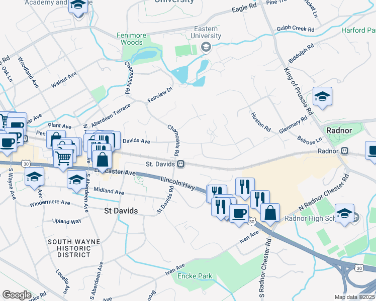 map of restaurants, bars, coffee shops, grocery stores, and more near 510 Saint Davids Avenue in Saint Davids