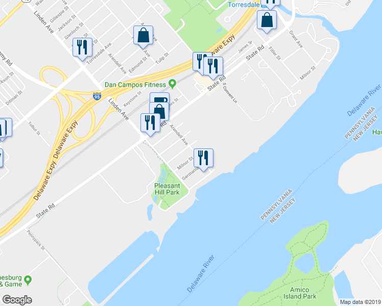 map of restaurants, bars, coffee shops, grocery stores, and more near 5122 Arendell Avenue in Philadelphia