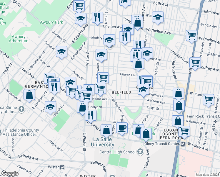 map of restaurants, bars, coffee shops, grocery stores, and more near 5962 West Champlost Avenue in Philadelphia