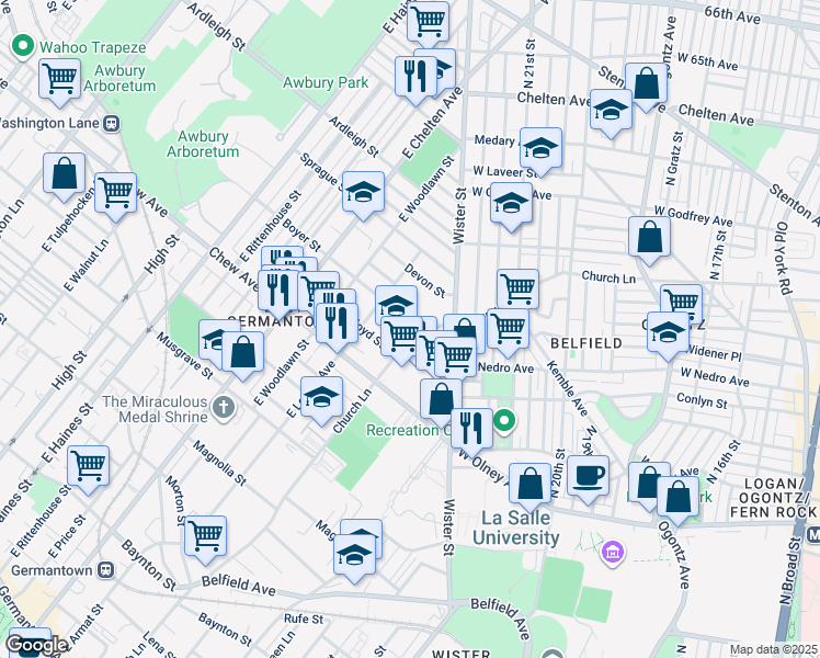 map of restaurants, bars, coffee shops, grocery stores, and more near 871 Church Lane in Philadelphia